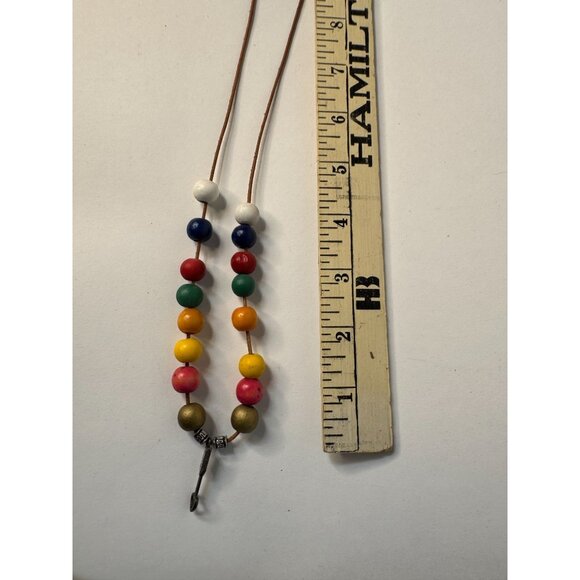 Colorful Wooden Bead Necklace With Brass Accents & Arrow Pendant On Leather Cord - Picture 12 of 16